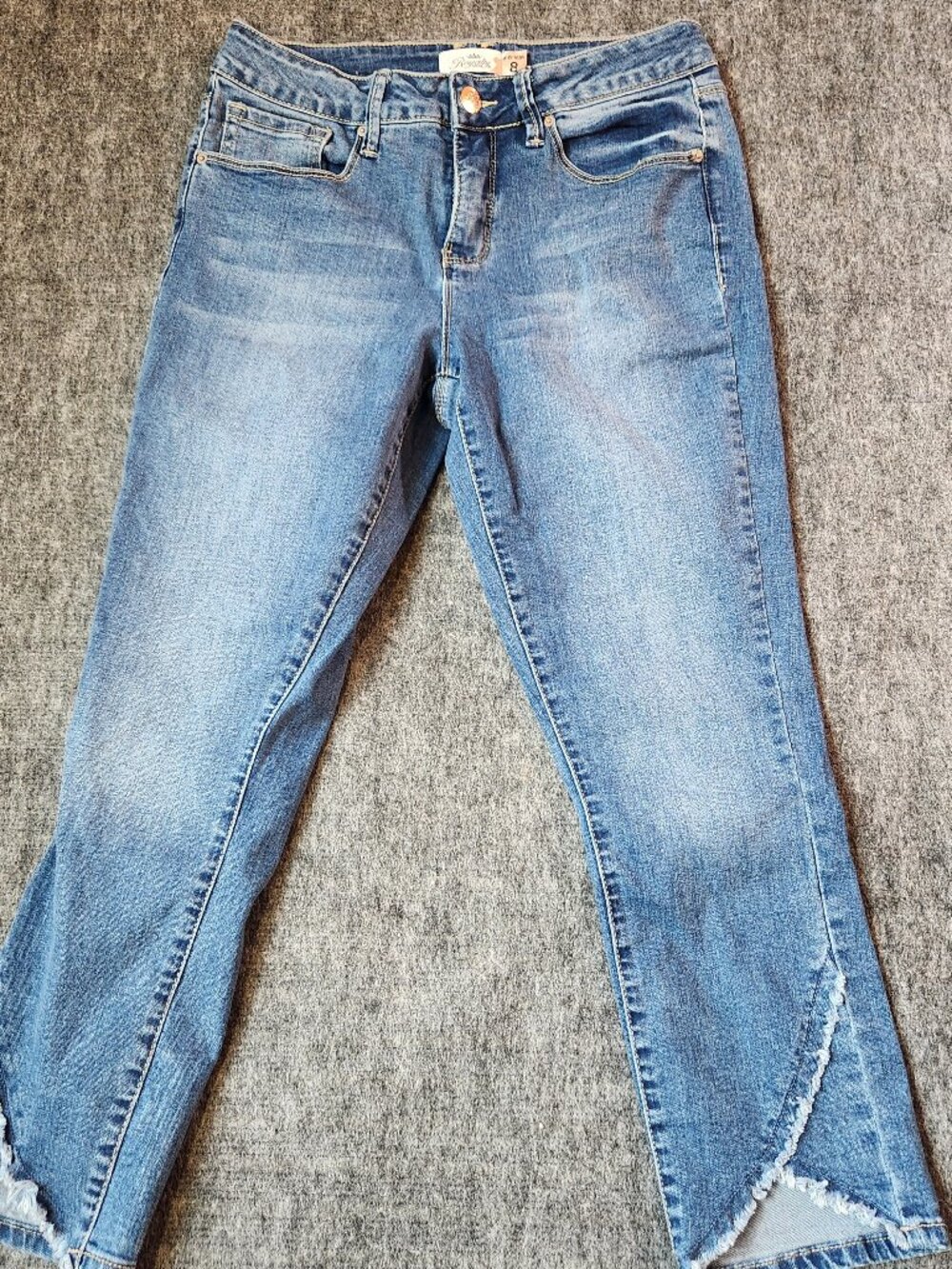 Royalty For Me Mid Rise Jeans Size 8 Distressed Asymmetrical Hem